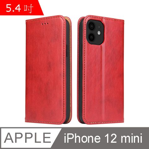 PU Fierre Shann 真皮紋 iPhone 12 mini (5.4吋) 錢包支架款 磁吸側掀 手工皮套保護殼-紅色