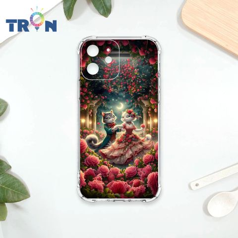 TRON IPhone 12 月光下玫瑰庭園跳舞的貓咪 四角防摔殼 手機殼