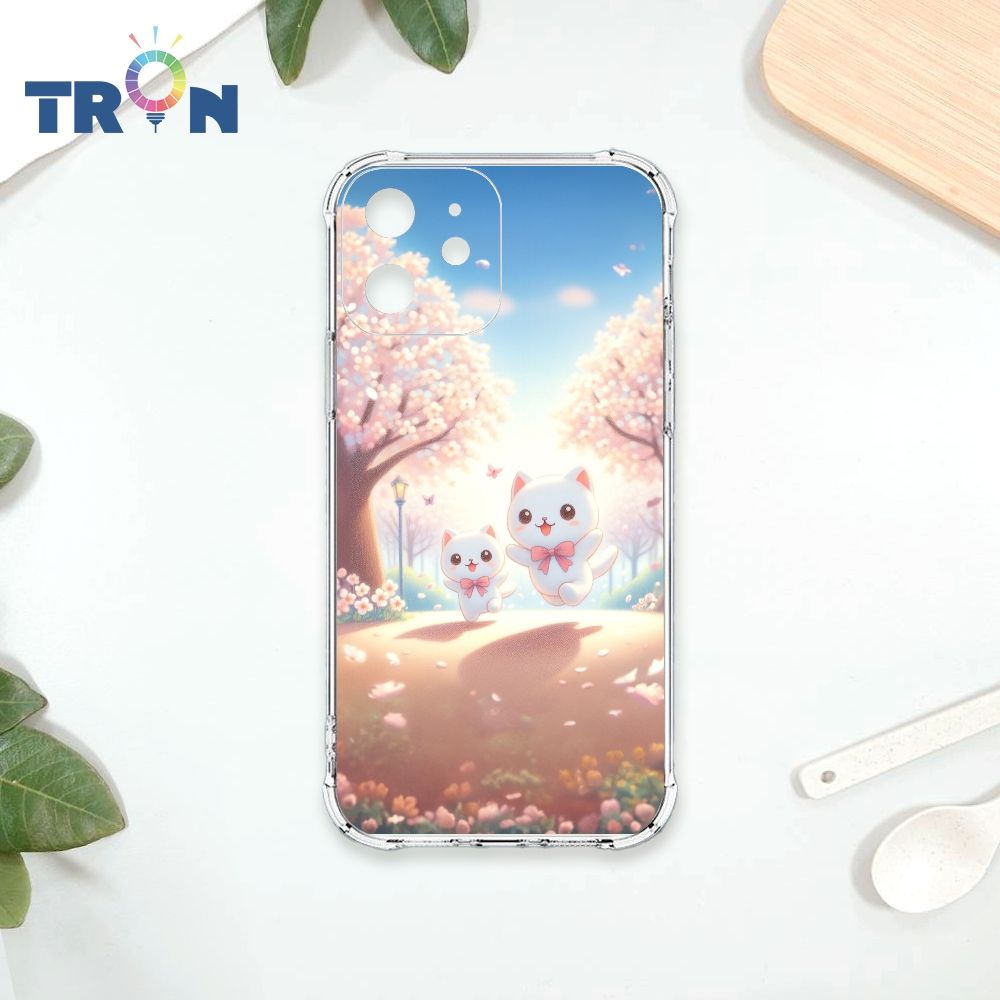  TRON IPhone 12 櫻花插畫風格白貓咪 四角防摔殼 手機殼