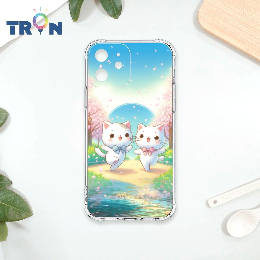  TRON IPhone 12 櫻花插畫風格白貓咪 四角防摔殼 手機殼