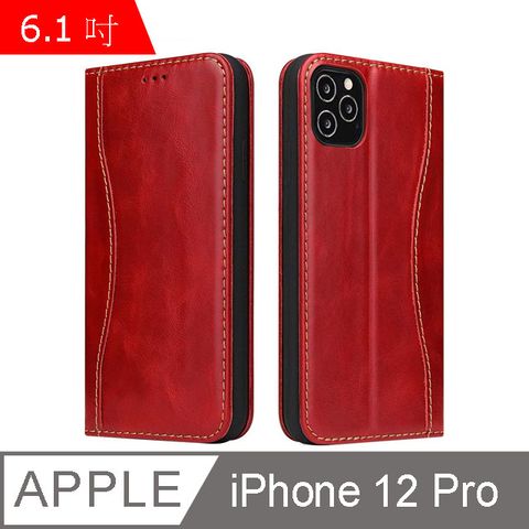 Fierre Shann 新西槍系列 iPhone 12 /12 Pro (6.1吋) 錢包式 磁吸側掀 手工真皮皮套 立架 插卡 手機皮套保護殼-紅色