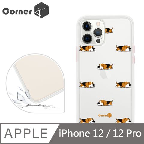 Corner4 iPhone 12 / 12 Pro 6.1吋柔滑觸感軍規防摔手機殼-米格魯懶洋洋(白殼)