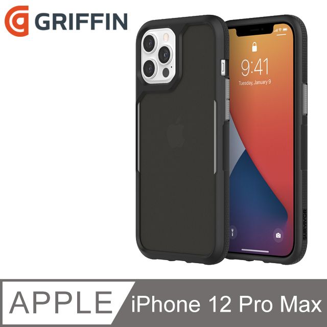 Griffin  Survivor Endurance iPhone 12 Pro Max軍規抗菌霧透防摔殼(4.25米防摔)-黑色/霧透黑背蓋