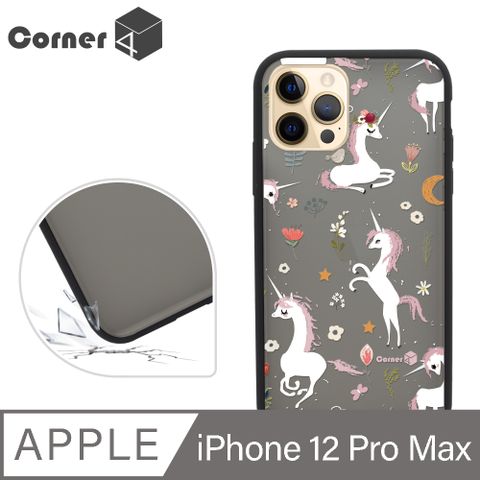 Corner4 iPhone 12 Pro Max 6.7吋柔滑觸感軍規防摔手機殼-獨角獸(黑殼)