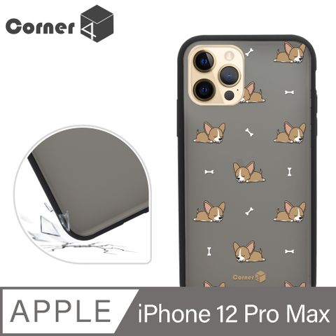 Corner4 iPhone 12 Pro Max 6.7吋柔滑觸感軍規防摔手機殼-柯基懶洋洋(黑殼)