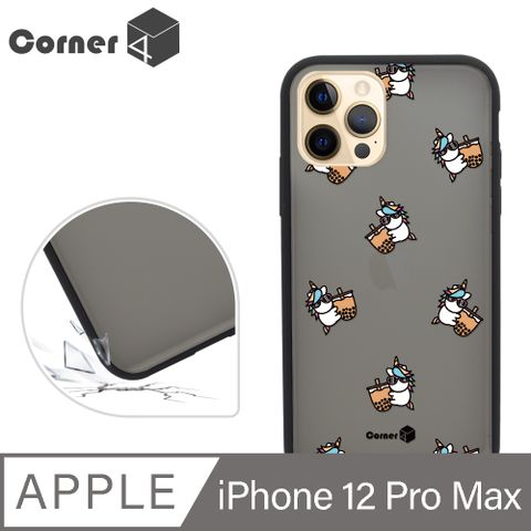 Corner4 iPhone 12 Pro Max 6.7吋柔滑觸感軍規防摔手機殼-彩虹小馬珍奶(黑殼)