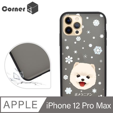 Corner4 iPhone 12 Pro Max 6.7吋柔滑觸感軍規防摔手機殼-博美(黑殼)