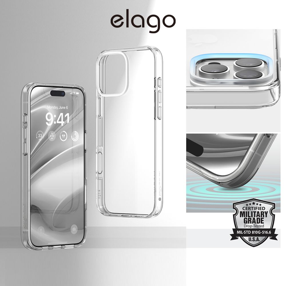 Elago iPhone 16 Plus/Pro/Pro Max Hybrid防摔邊框透明手機殼