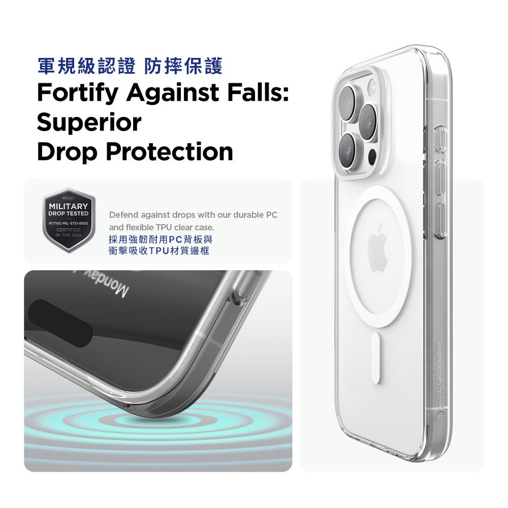 軍規級認證 防摔保護Fortify Against Falls:SuperiorDrop ProtectionMILITARYDROP TESTEDR17160 MIL-STD-810GCERTIFIED THE USADefend against drops with our durable PCand flexible TPU clear case.採用強韌耐用PC背板與衝擊吸收TPU材質邊框