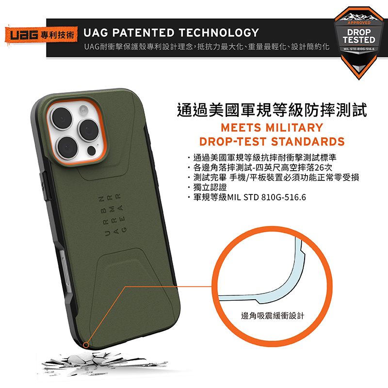 UAG PATENTED TECHNOLOGYUAG耐衝擊保護殼專利設計理念,抵抗力最大化、重量最輕化、設計簡約化APPROVEDDROPTESTEDMIL-516通過美國軍規等級防摔測試MEETS MILITARYDROP-TEST STANDARDS通過美國軍規等級抗摔耐衝擊測試標準各邊角落摔測試-四英尺高空摔落26次測試完畢 手機/平板裝置必須功能正常零受損獨立認證軍規等級MIL STD 810G-516.6邊角吸震緩衝設計