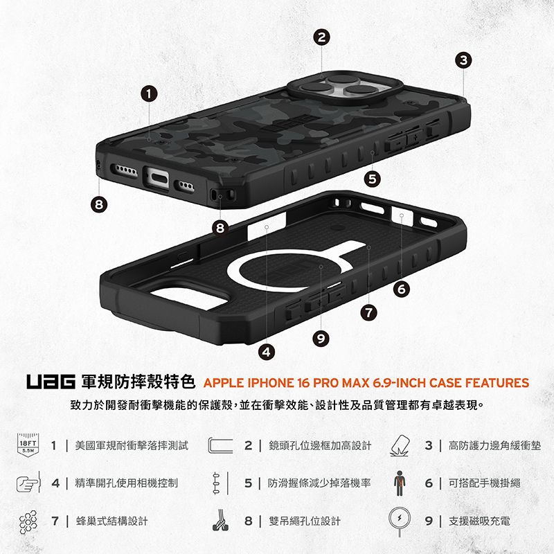 185493 防摔殼特色 APPLE IPHONE 16 PRO MAX 6.9-INCH CASE FEATURES致力於開發耐衝擊機能的保護殼,並在衝擊效能、設計性及品質管理都有卓越表現。  1 美國軍規耐衝擊落摔測試 2 鏡頭孔位邊框加設計  高防護力邊角緩衝墊5.5M 精準開孔使用相機控制7  蜂巢式結構設計ممم| 5| 防滑握條減少掉落機率6 | 可搭配手機掛繩8雙吊繩孔位設計9| 支援磁吸充電