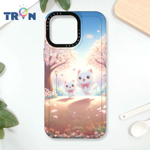 TRON IPhone 16 Pro Max 櫻花插畫風格白貓咪 太空殼 透黑款 手機殼