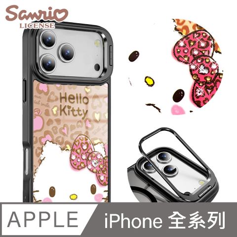 三麗鷗 iPhone全系列 軍規防摔合金框隱形立架鏡面彩鑽手機殼-豹紋凱蒂-黑框