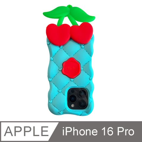 【Candies】iPhone 16 Pro - 菱格紋愛心櫻桃手機殼(藍)