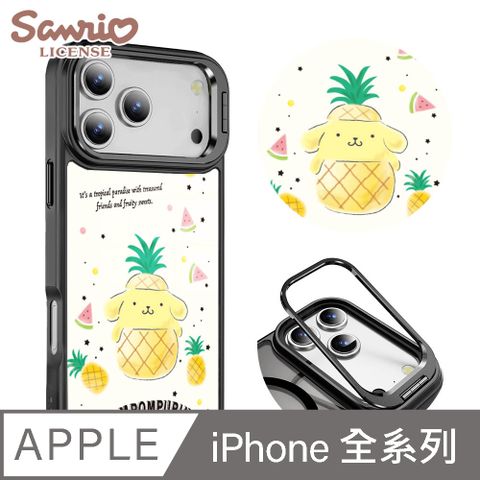 三麗鷗 iPhone全系列 軍規防摔合金框隱形立架手機殼-水果布丁狗-黑框