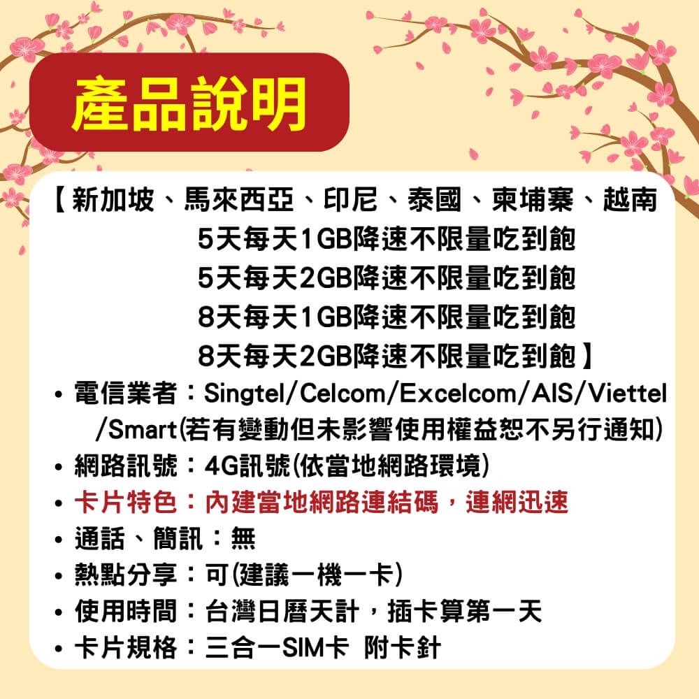 產品說明【新加坡、馬來西亞、印尼、泰國、柬埔寨、越南5天每天1GB降速不限量吃到飽5天每天2GB降速不限量吃到飽8天每天1GB降速不限量吃到飽8天每天2GB降速不限量吃到飽】電信業者:Singtel/Celcom/Excelcom/AIS/Viettel/Smart(若有變動但未影響使用權益恕不另行通知)網路訊號:4G訊號(依當地網路環境)卡片特色:當地網路連結碼,連網迅速通話、簡訊:無熱點分享:可(建議一機一卡)使用時間:台灣日曆天計,插卡算第一天卡片規格:三合一SIM卡 附卡針