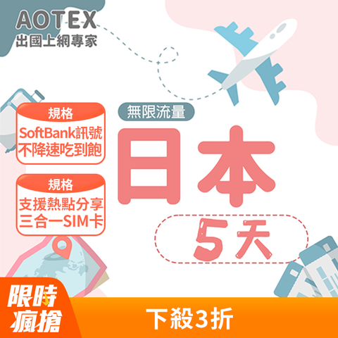 AOTEX 日本5天上網卡 無限流量吃到飽 日本SIM卡