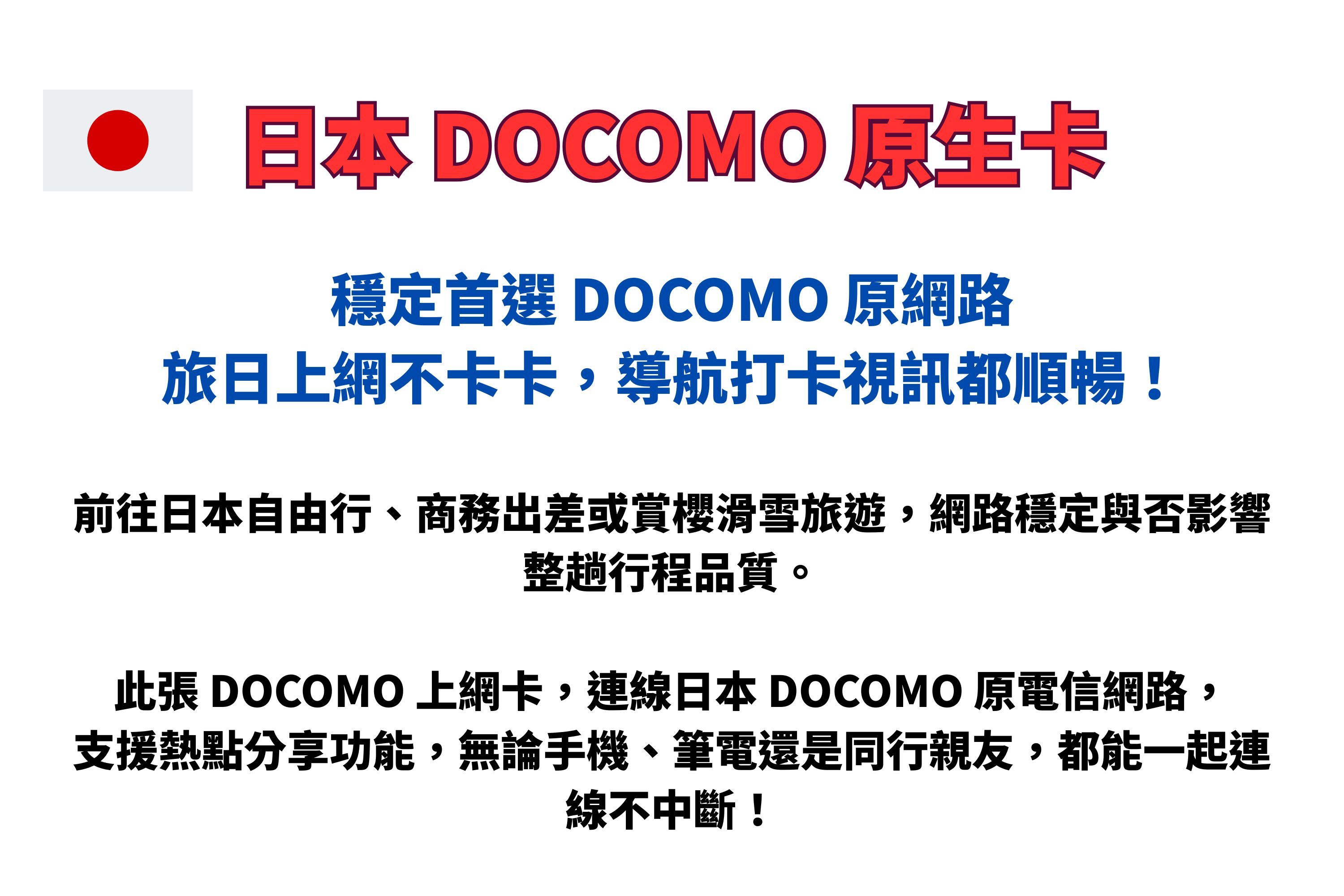 日本 DOCOMO 原生卡穩定首選 DOCOMO 原網路旅日上網不卡卡,導航打卡視訊都順暢!前往日本自由行、商務出差或賞櫻滑雪旅遊,網路穩定與否影響整趟行程品質。此張 DOCOMO 上網卡,連線日本 DOCOMO 原電信網路,支援熱點分享功能,無論手機、筆電還是同行親友,都能一起連線不中斷!