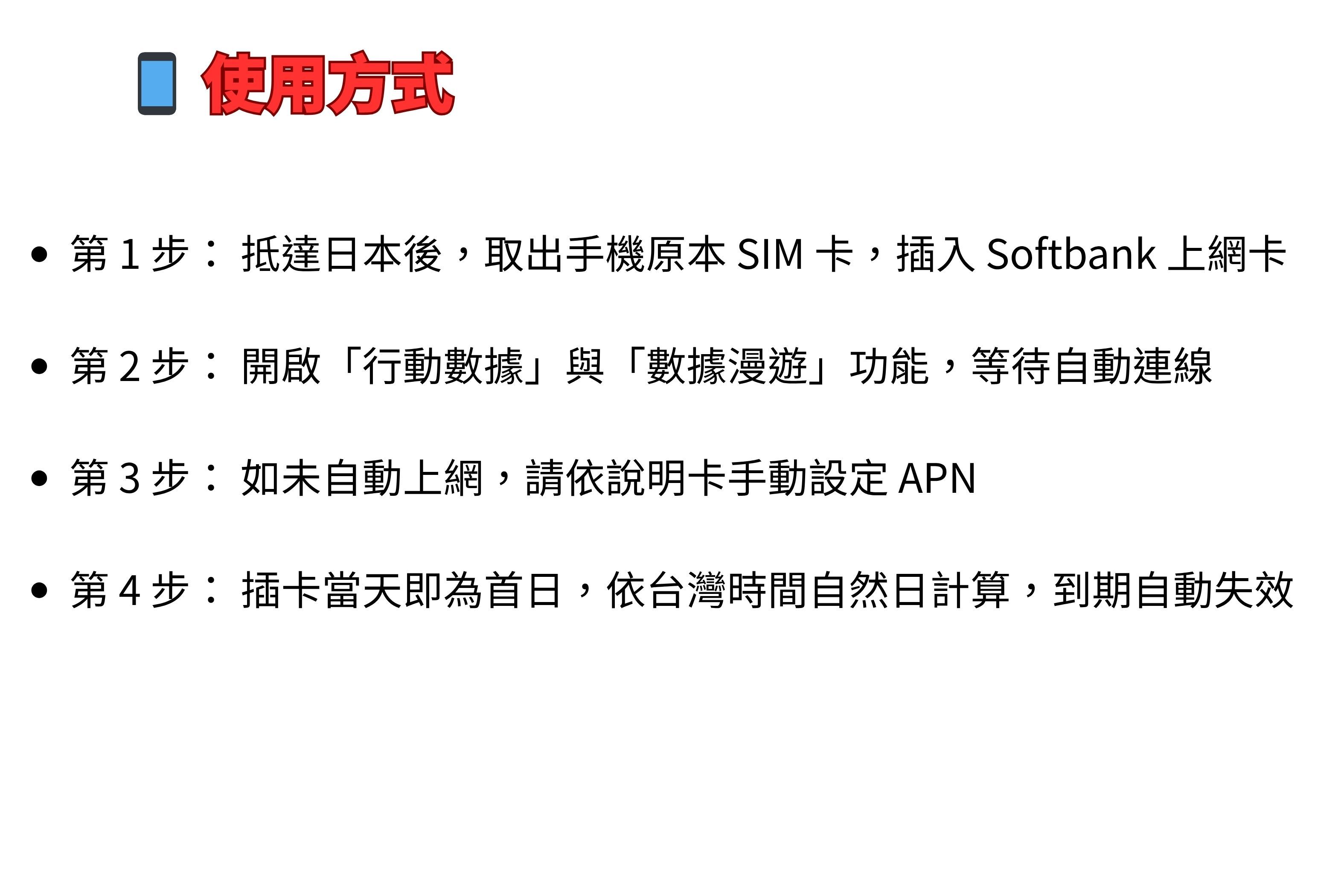 使用方式第1步:抵達日本後,取出手機原本 SIM 卡,插入 Softbank 上網卡•第2步:開啟「行動數據與「數據漫遊」功能,等待自動連線•第3步:如未自動上網,請依說明卡手動設定APN• 第4步:插卡當天即為首日,依台灣時間自然日計算,到期自動失效