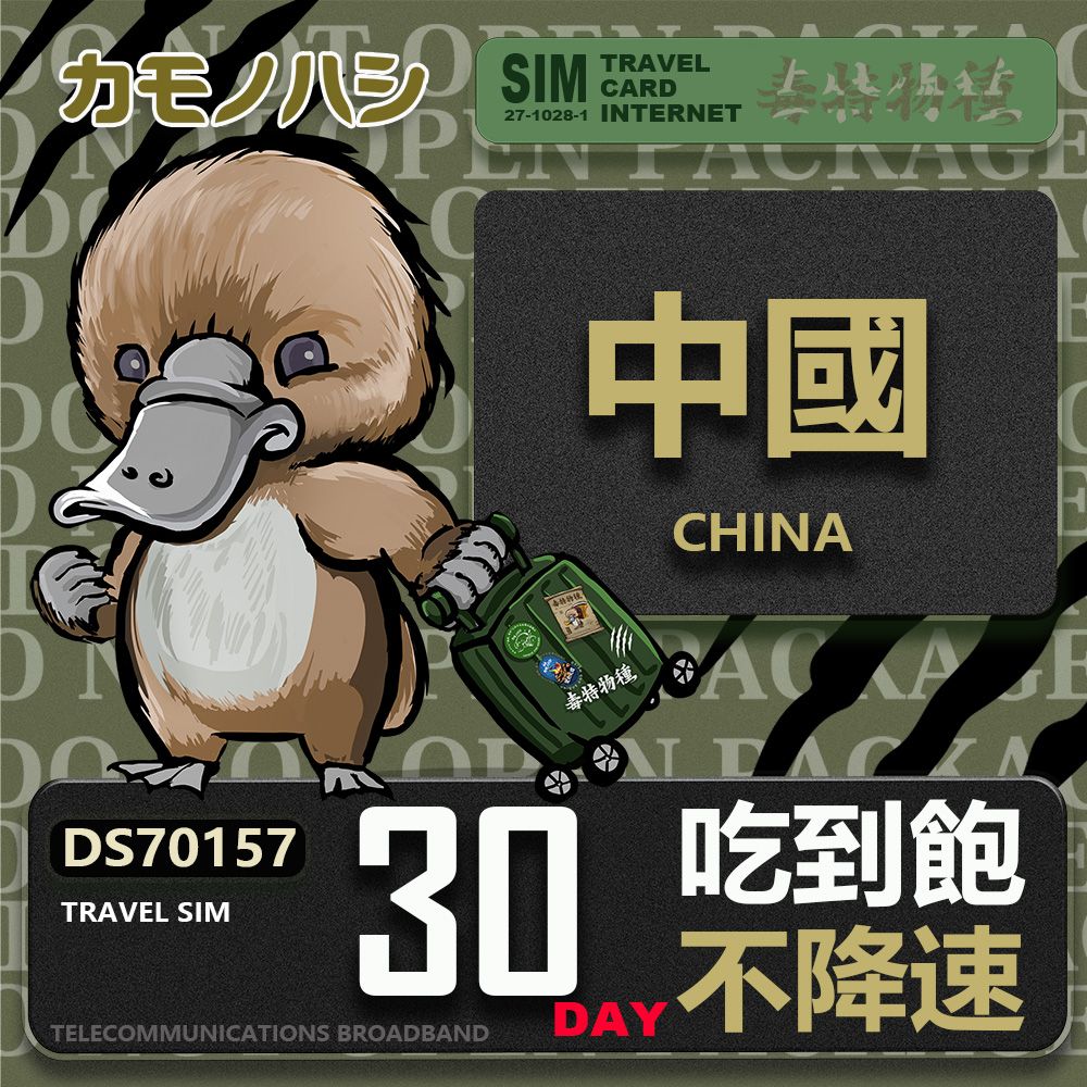 Platypus 鴨嘴獸 Travel Sim 中國 30天吃到飽 不降速 上網卡