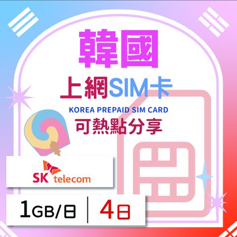 韓國上網SIM卡 4天方案 每日1GB降速吃到飽 韓國網卡 4G高速上網SIM卡