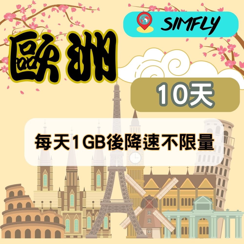 SIMFLY 【歐洲10天每天1GB後降速吃到飽上網】 