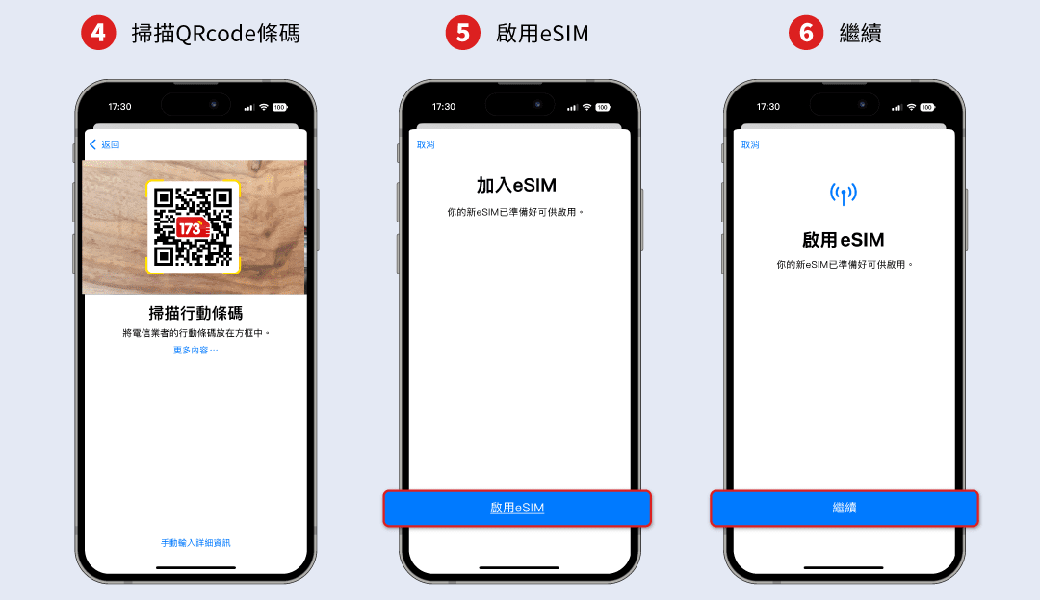 4 掃描QRcode條碼5 17:30返回173掃描行動條碼將電信業者的行動條碼放在方框中内容取消17:30加入eSIM你的新eSIM已準備好可供啟用。取消17:306 繼續)啟用 eSIM你的新eSiM已準備好可供啟用。啟用eSIM繼續手動輸入详细資訊