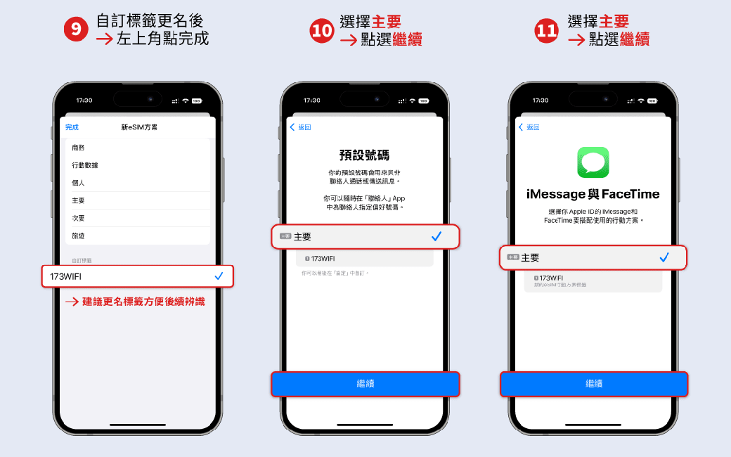自標更名後9選擇主要選擇主要10左上角點完成11 點選繼續 點選繼續17:3017:30完成新方案返回商務數據個人主要次要旅遊自訂173WIFI→建議更名標籤方便後續辨識號碼你預設號碼聯絡人通話或傳送訊息。你可以隨時「聯絡人App中為聯絡人指定偏好號碼。主要 173WIFI你可以在「中自訂。17:30 返回iMessage FaceTime選擇你 Apple ID的IMessage和FaceTime要搭配使用的行動方案。主要@ 的行動籤繼續繼續