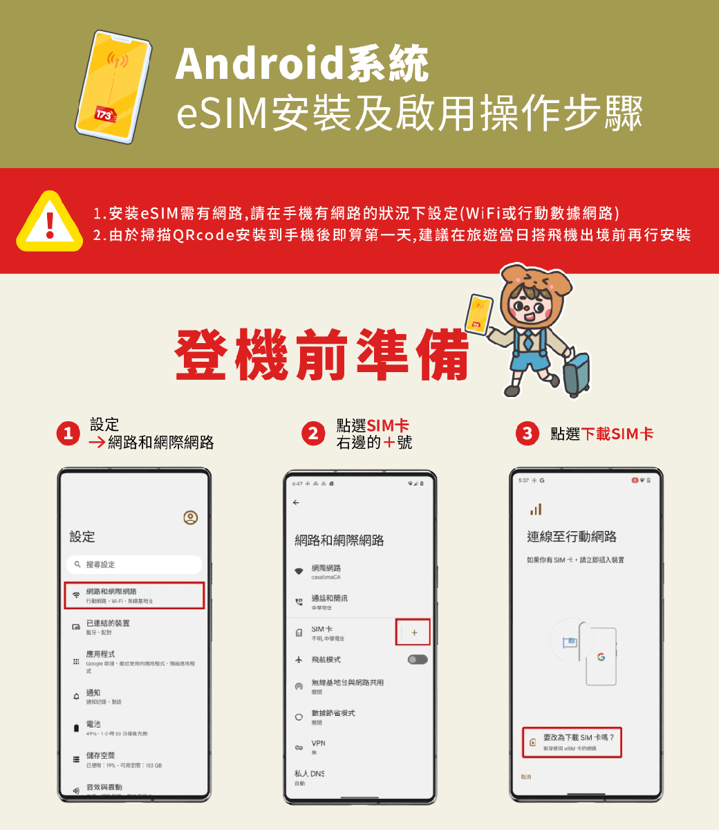 17Anroid系統安裝及啟用操作步驟1.安装eSI需有網路請在手機有網路的狀況下WiFi或行動數據網路2.由於掃描QRcode安裝到手機後即算第一天,建議在旅遊當日搭飛機出境前再行安裝登機前準備設定1網路和網際網路設定Q 設定網路和網際網路行動網路無線基地台 點SIM卡右邊的號網路和網際網路網際網路通和簡訊3點選下載SIM卡 G的裝置藍牙配對SIM+不明話 選,使用的式預設應用程 飛航模式無線基地台與網路共用通知通知記錄對話、電池49%-1小時33分儲存空間已使用:19%空間:103 GB(d) 音效與震動數據節省模式VPNM私人 DNS取消連線至行動網路如果你有SIM卡,請立即插入裝置要改為下載 SIM 卡嗎?新增使用 卡的