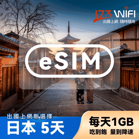 173WIFI eSIM-日本5日吃到飽(每日1GB高速超過降速吃到飽)