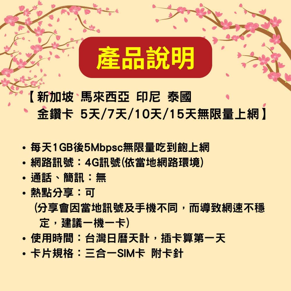 SIMFLY 【新加坡馬來西亞印尼泰國5天無限量上網】 【原星光卡環遊卡系列 】