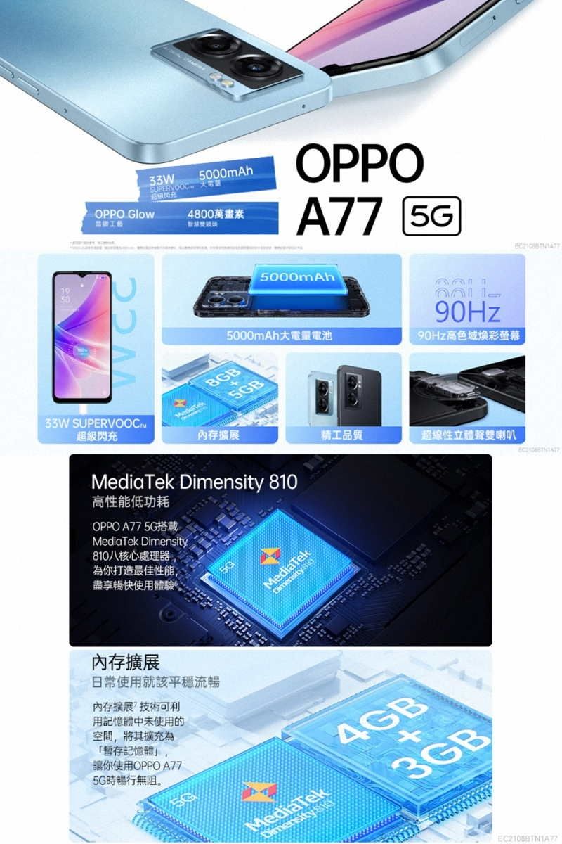 OPPO Glow33WSUPERVOOC5000mAh4800萬畫素OPPOA77 5G5000mAh5000mAh大電量電池90Hz90Hz高色域螢幕BGB5GB33W SUPERVOOC超級閃充內存擴展精工品質超線性立體聲雙喇叭MediaTek  高性能低功耗OPPO A775G搭載MediaTek Dimensity810八核心處理器為你打造最佳性能盡享暢快使用體驗MediaTekDimensity 810內存擴展日常使用就該平穩流暢內存擴展技術可利用記憶體中未使用的空間,將其擴充為「暫存記憶體,讓你使用OPPO A775G時暢行無阻。MediaTekmensity 4GB+3GB