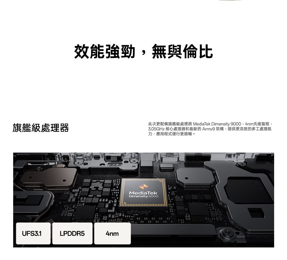 效能強勁,無與倫比旗艦級處理器UFS3.1LPDDR54nm此次更配備旗艦級處理器 MediaTek Dimensity 9000,4nm先進製程,3.05GHz 核心處理器和最新的Armv9 架構,提供更高效的多工處理能力,應用程式運行更順暢。MediaTekDimensity 9000