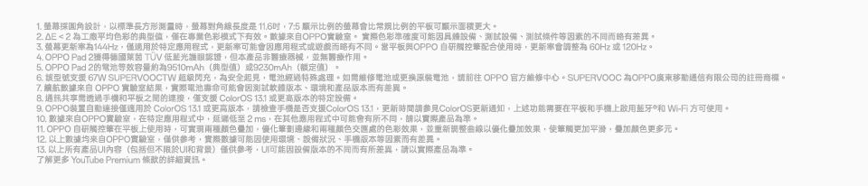 1. 圓角設計以標準長方形測量時長是11.6 例的會比常规比例的平板可顯示面積更大.   2 為工廠平均色彩的典型值僅在專業色彩模式下有效數據來OPPO實驗室實際色彩準確度測試設備、測試條件素的不同而略有為144Hz僅適用於特定應用程式會應用程式或遊戲而略有不同。當平板與OPPO 自研觸控筆配合使用時更新率會調整為 60Hz或120Hz。 OPPO Pad 2獲得德 低藍光護眼認證但本產品非器械並無國療作用。5. OPPO Pad 2的等效容量約為9510mAh(典型值)或9230mAh(裁定值)。6. 型號支援 67W SUPERVOOCTW超級閃充為安全起見經過特殊處理。維修電池或更換原裝電池請前往 OPPO官方維修中心。SUPERVOOC 為OPPO廣東通信有限公司的注冊商標。7. 續航據來自 OPPO 實驗室結果實際電池可能會測試軟體、環境和產品版本而有差異。8.共享透過和平板之間的連接僅支援 ColorOS  或更高版本的特定設備。9. OPPO裝置自動連接僅適用於 ColorOS 1 或更高版本請檢查是否支援ColorOS 131更新時間請參見ColorOS更新通知,上述功能需要在平板和手機上藍牙和Wi-Fi方可使用。10. 數據來自OPPO實驗室。在特定應用程式中,延低至,在其他應用程式中可能會有所不同,請以實際產品為準。11. OPPO 自研觸控筆在平板上使用時,可,和顏色交匯處的色彩效果,並重新裝整曲線以優化加效果,使筆觸更加,加顏色更多元。以上數據均來自OPPO實驗室,僅供參考,實際數據可能因使用環境、設備狀況、手機版本等因素而有差異。13. 以上所有產品内容(包括但不限於和背景)僅供參考,可能因設備版本的不同而有所差異,請以實際產品為準。了解更多 YouTube Premium 的詳細資訊。