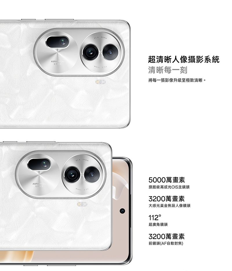 超清晰人像攝影系統清晰每一刻將每一張影像升級至極致清晰。5000萬畫素旗艦級高感光OIS主鏡頭3200萬畫素大感光黄金焦段人像鏡頭112超廣角鏡頭3200萬畫素前鏡頭(AF自動對焦)