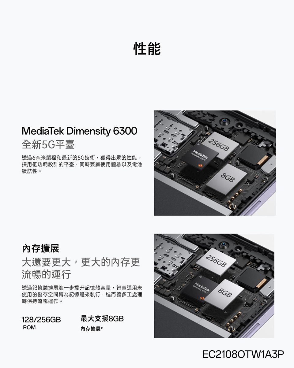 性能MediaTek Dimensity 6300全新5G平臺透過6奈米製程和最新的5G技術,獲得出眾的性能。採用低功耗設計的平臺,同時兼顧使用體驗以及電池續航性。內存擴展大還要更大,更大的內存更流暢的運行透過記憶體擴展進一步提升記憶體容量,智慧運用未使用的儲存空間轉為記憶體來執行,進而讓多工處理時保持流暢運作。128/256GB最大支援8GBROM內存擴展 256GBMediaTek8GB256GBMediaTek 63008GBEC21080TW1A3P