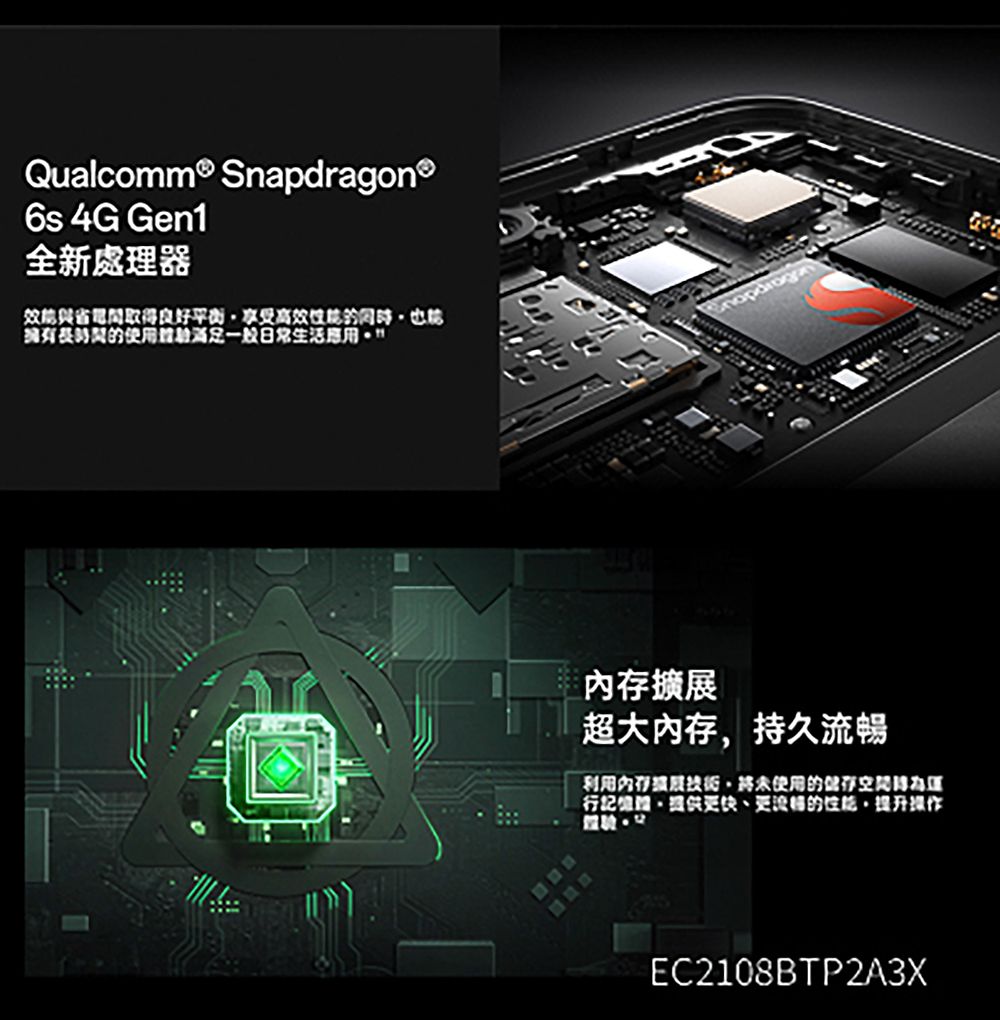 Qualcomm® Snapdragon®6s 4G Gen1全新處理器效省電取得良好平衡享受高效性能的能的使用驗一般日常生活應用擴展超大內存持久流暢利用內存擴展使用的行體提供更快、更流暢的性能,提升操作EC2108BTP2A3X