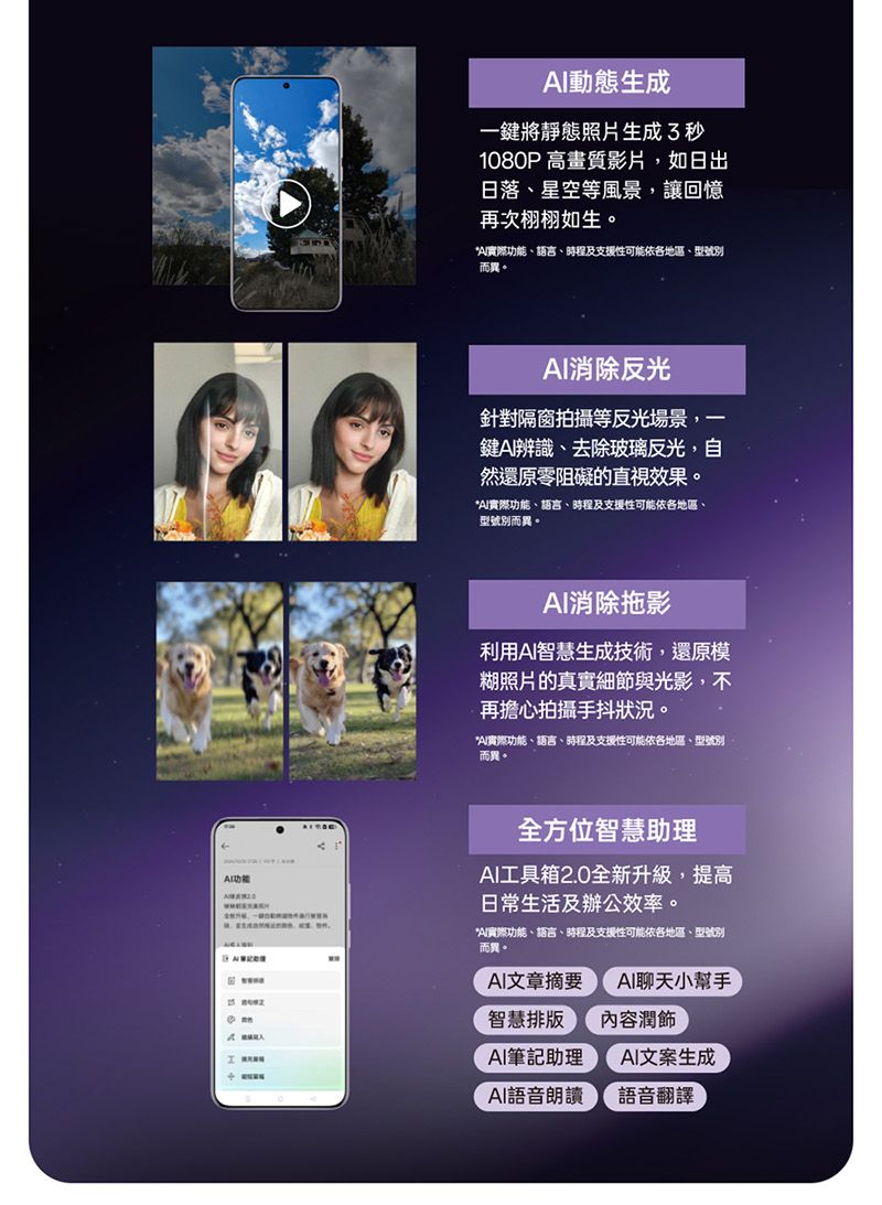 動態生成一鍵將靜態照片生成秒1080P高畫質影片,如日出日落、星空等風景,讓回憶再次栩栩如生。功能、語言、時程及支援性可能依各地區、型號別而異。消除反光針對隔窗拍攝等反光場景,一鍵辨識、去除玻璃反光,自然還原零阻礙的直視效果。*實際功能、語言、時程及支援性可能依各地區、型號別而異。消除拖影利用智慧生成技術,還原模糊照片的真實細節與光影,不再擔心拍攝手抖狀況。*I實際功能、語言、時程及支援性可能依各地區、型號別而異。功能全方位智慧助理AI工具箱2.0全新升級,提高日常生活及辦公效率。*A實際功能、語言、時程及支援性可能依各地區、型號別而異。AI文章摘要AI聊天小幫手智慧排版內容潤飾A I AI筆記助理AI文案生成AI語音朗讀語音翻譯