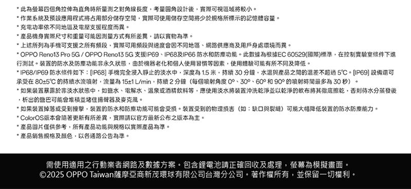 此為螢幕四個角拉伸為直角時所量測之對角線長度角設計後實際可視區域將較小。 作業系統及應用程式將占用部分儲存空間,實際可使用儲存空間將少於規格所標示的記憶體容量。* 充電功率依不同地區及支援程度而異。*產品機身實際尺寸和重量可能方式有所差異,請以實物為準。上述所列為手機可支援之所有,實際可用頻段與速度會因不同地區網路供應商及用戶身處環境而異。* OPPO Reno13 Pro5G/OPPO Reno13 5G 支援IP69、IP68及IP66防水和功能。此數據為根據EC 6529(國際)標準,在控制實驗室條件下進行測試。的防水及防塵功能非永久狀態,由於機器老化和個人使用習慣等因素,使用體驗可能有所不同及降低。* IP68/IP69 防水條件如下:[IP68]手機完全浸入静止的淡水中,深度為1.5米,30分鐘,水溫與產品之間的溫差不超過5。 [IP69] 設備還可承受在 80±5℃ 的持續水流,流量為15±1 L/min,持續2分鐘(每個角度0、300、60°和90°的噴射時間最多為30秒)。* 如果裝置暴露於非淡水狀態中,如、電解水、溫泉或酒精飲料等,應使用淡水將裝置沖洗乾淨並以乾淨的布將其擦乾,否則待水分蒸發後,析出的鹽巴可能會堆積並堵住揚聲器及麥克風。* 如果裝置掉落或受到撞擊,裝置的防水和防塵功能可能會受損。裝置受到的物理損害(如:缺口與裂缝)可能大幅降低裝置的防水防塵能力。* ColorOS版本會隨著更新有所差異,實際請以官方最新公布之版本為主。* 產品圖片僅供參考,所有產品功能與規格以實際產品為準。*產品銷售規格及顏色,以各通路公告為準。需使用適用之行動業者網路及數據方案。包含鋰電池請正確回收及處理,螢幕為模擬畫面。©2025 OPPO Taiwan薩摩亞商新茂環球有限公司台灣分公司。著作權所有,並保留一切權利。