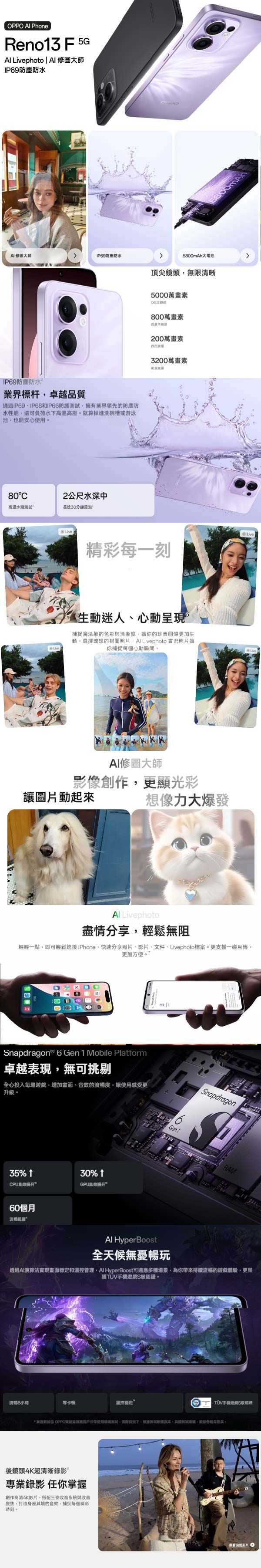 PhoneReno3 F  Livephoto | AI圖IP9防塵防水修大師IP69防防水5800mAh大電池頂尖鏡限清晰IP69防塵防水業界標杆卓越品質通過IP69IP68和IP66防護擁有業界領先的防塵防水性能還可負荷水下高溫高壓就算掉進洗碗槽或游泳池也能安心。80°高溫2公尺水深中長達30分鐘浸泡Live5000萬畫素頭800萬畫素200萬畫素微距3200萬畫素精彩每一刻Live生迷人呈現捕捉魔法般的色彩與清晰度讓你的珍貴回憶更生動。選擇理想的封面照片 Livephoto 實況照片讓你捕捉每個心動瞬間。AI修圖大師影像創作更顯光彩讓圖片動起來想像力大爆發 Livephoto盡情分享輕鬆無阻輕輕一點即可輕鬆連接iPhone快速分享照片、、文件、Livephoto檔案。更支援一碰互,更加方便napdragon® 6 Gen 1 Mobile Platform卓越表現,無可挑剔全心投入每場戲,增加畫面、音效的度,讓使用感受更升。Snapdragon35% CPU能效30%GPU能效60個月Gen 1RAM HyperBoost全天候無憂暢玩透過AI演算法實現畫面穩定和溫控管理, HyperBoost可適應多種場景,為你帶來持續流暢的遊戲體驗,更獲TUV手機遊戲S級證。流暢8小時零卡溫控穩定 手機遊S級認  OPPO用戶日常使用測試,情況下,根加、,據。後鏡頭4K超清晰錄影專業錄影 任你掌握創作高清4K影片,搭配三收音系統與收音變焦,打造身其境的音效,捕捉每個精彩時刻。無影片