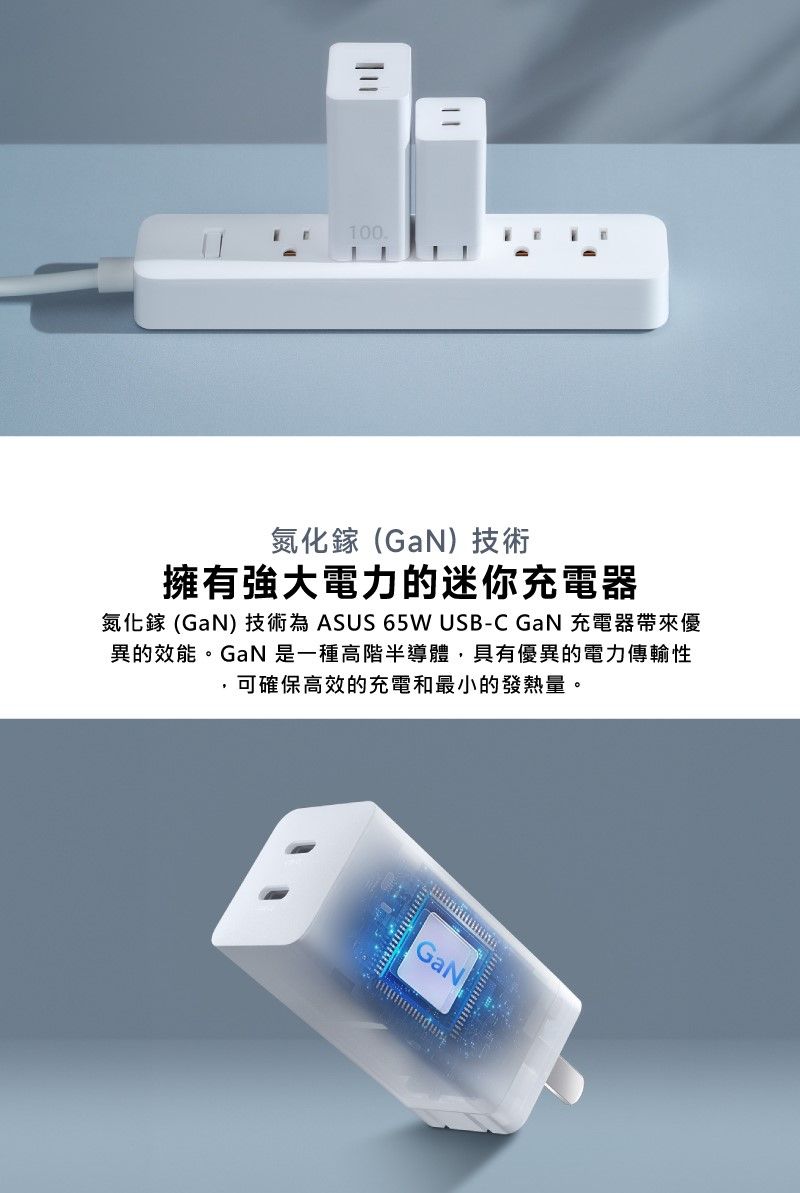 100氮化鎵(GaN)技術擁有強大電力的迷你充電器氮化鎵(GaN) 技術為 ASUS 65W USB-C GaN 充電器帶來優異的效能。GaN 是一種高階半導體,具有優異的電力傳輸性可確保高效的充電和最小的發熱量。GaN