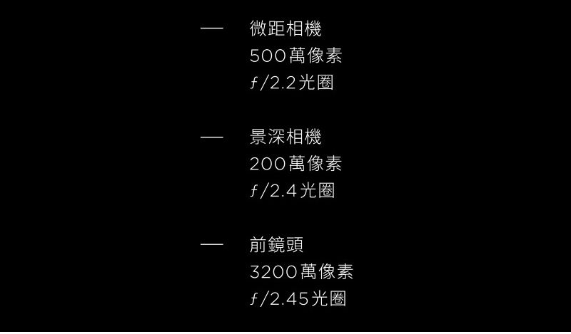 微距相機500萬像素f/2.2光圈景深相機200萬像素f/2.4光圈前鏡頭3200萬像素f/2.45光圈