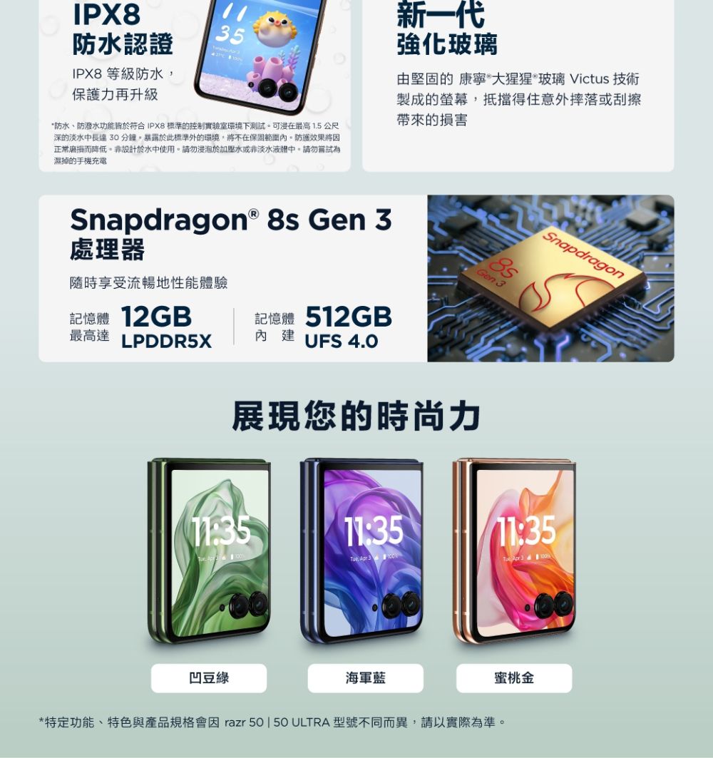 IPX85防水認證IPX8 等級防水,保護力再升級新一代強化玻璃由堅固的 康寧大猩猩玻璃 Victus 技術*防水、防潑水功能於符合 IPX8 標準的控制實驗室環境下測試可在最高1.5公尺深的淡水中長達0分鐘。於此標準外的環境,將不在保固。防護效果將因正常磨損而降低。非設計於水中使用。請勿浸泡於加壓水或非淡水液體中。請勿嘗試為濕掉的手機製成的螢幕,抵擋得住意外摔落或刮擦帶來的損害Snapdragon®  Gen 3處理器隨時享受流暢地性能體驗Snapdragon8sGen 3記憶體 12GB最高達記憶體 512GBLPDDR5X 內建UFS 4.0展現您的時尚力11:3511:35  3  3  凹豆綠海軍藍蜜桃金*特定功能、特色與產品規格會因 razr 50 | 50 ULTRA 型號不同而異,請以實際為準。