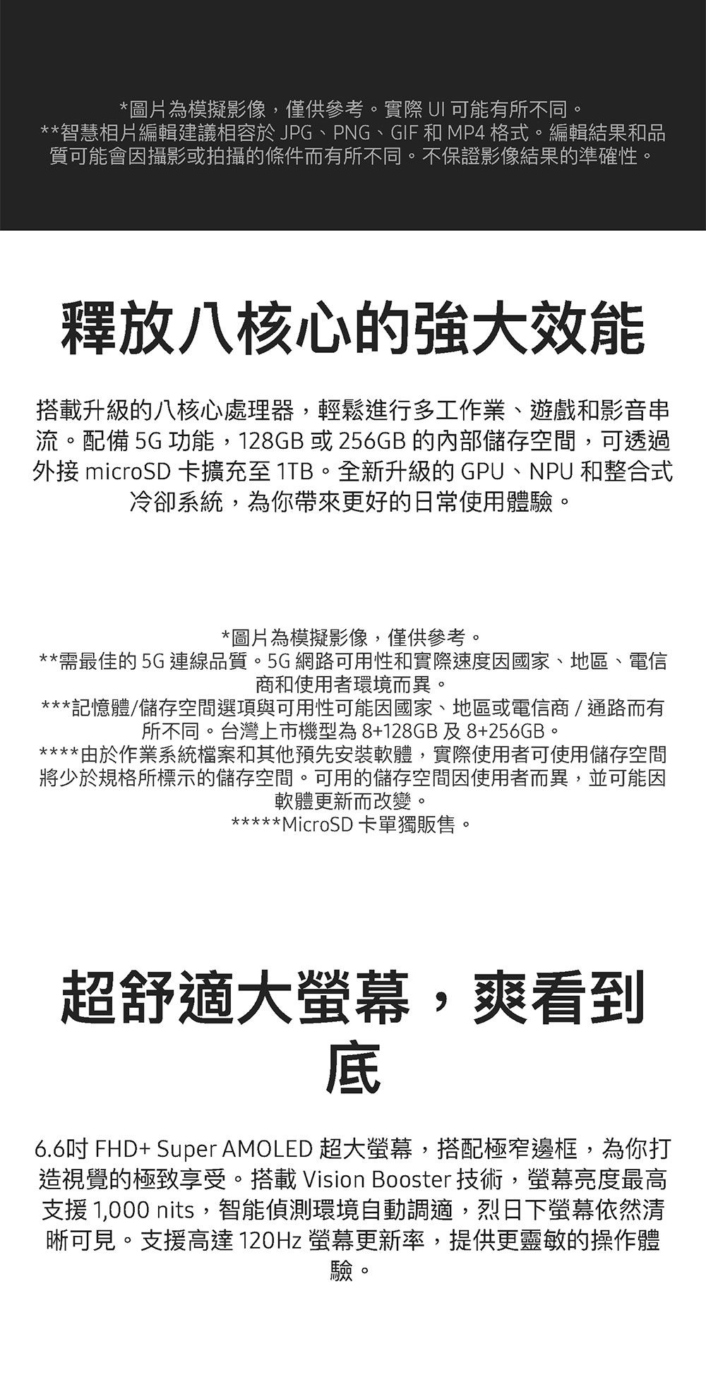 *圖片為模擬影像,僅供參考。實際 UI 可能有所不同。**智慧相片編輯建議相容於JPG、PNG、GIF和MP4格式。編輯結果和品質可能會因攝影或拍攝的條件而有所不同。不保證影像結果的準確性。釋放八核心的強大效能搭載升級的八核心處理器,輕鬆進行多工作業、遊戲和影音串流。配備 5G 功能,128GB或256GB 的內部儲存空間,可透過外接 microSD 卡擴充至 1TB。全新升級的GPU、NPU 和整合式冷卻系統,為你帶來更好的日常使用體驗。*圖片為模擬影像,僅供參考。**需最佳的5G連線品質。5G網路可用性和實際速度因國家、地區、電信商和使用者環境而異。**記憶體/儲存空間選項與可用性可能因國家、地區或電信商/ 通路而有所不同。台灣上市機型為8+128GB及8+256GB。****由於作業系統檔案和其他預先安裝軟體,實際使用者可使用儲存空間將少於規格所標示的儲存空間。可用的儲存空間因使用者而異,並可能因軟體更新而改變。*****MicroSD卡單獨販售。超舒適大螢幕,爽看到底6.6吋 FHD+ Super AMOLED 超大螢幕,搭配極窄邊框,為你打造視覺的極致享受。搭載 Vision Booster 技術,螢幕亮度最高支援 1,000 nits,智能偵測環境自動調適,烈日下螢幕依然清晰可見。支援高達 120Hz 螢幕更新率,提供更靈敏的操作體驗。