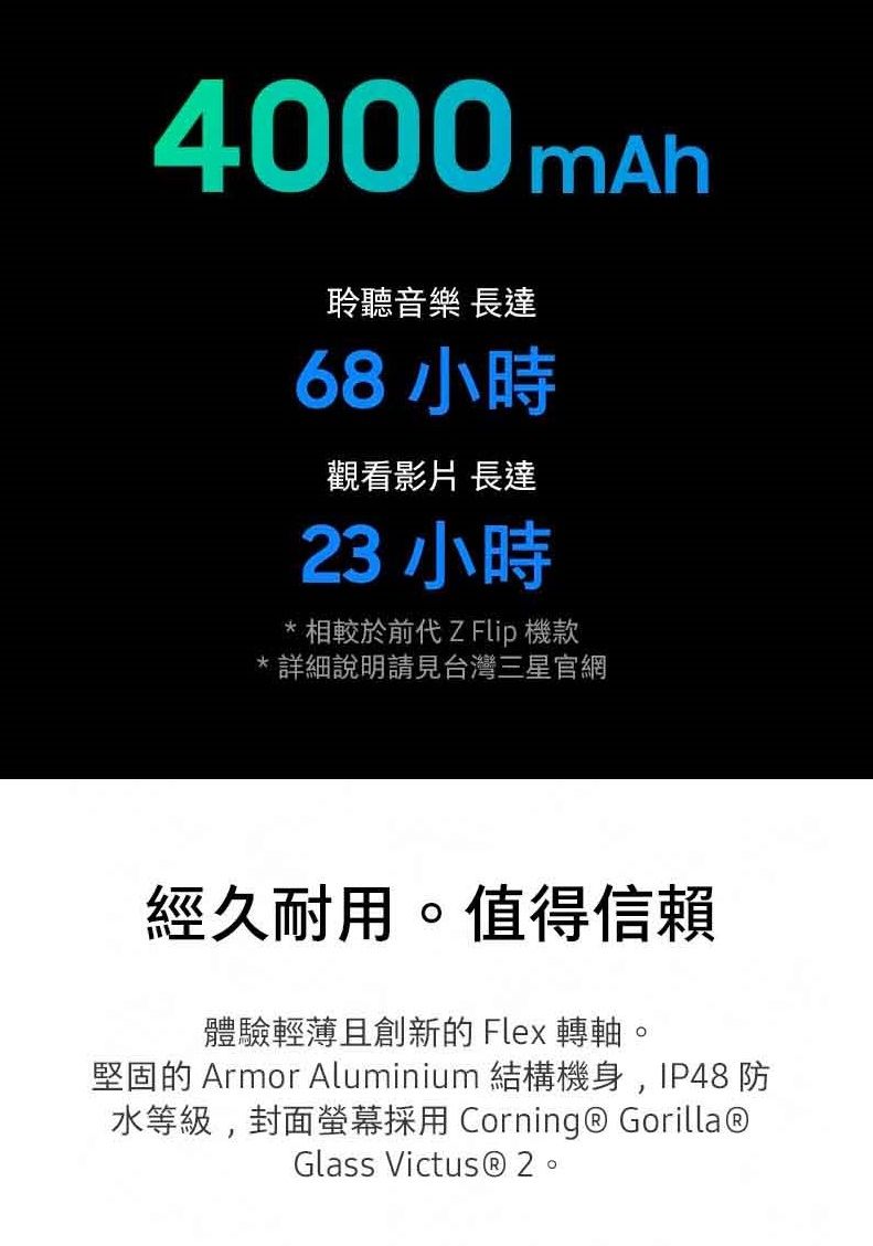 4000mAh聆聽音樂 長達68小時觀看影片 長達23 小時*相較於前代ZFlip 機款*詳細說明請見台灣三星官網經久耐用值得信賴體驗輕薄且創新的 Flex 轉軸。堅固的 Armor Aluminium 結構機身,IP48防水等級,封面螢幕採用 Corning® Gorilla®Glass Victus® 2。