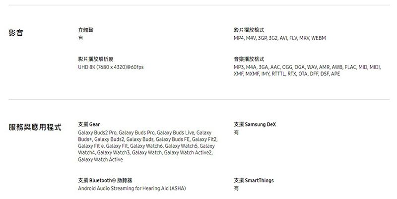 影音立體聲影片播放解析度UHD 8K (7680x4320)@60fps支援 Gear服務與應用程式影片播放格式MP4 M4V 3GP 3G2 AVI FLV, MKV, WEBM音樂播放格式MP3, M4A, 3GA, AAC, OGG, OGA, WAV, AMR, AWB, FLAC, MID, MIDI,XMF, MXMF, IMY, RTTTL, RTX, OTA, DFF, DSF, APEGalaxy  Pro, Galaxy Buds Pro, Galaxy Buds Live, GalaxyBuds, Galaxy Buds2, Galaxy Buds, Galaxy Buds FE, Galaxy Fit2,Galaxy Fit e, Galaxy Fit, Galaxy Watch6, Galaxy Watch5, GalaxyWatch4, Galaxy Watch3, Galaxy Watch, Galaxy Watch Active2,Galaxy Watch Active支援 Samsung DeX支援 Bluetooth® 助聽器Android Audio Streaming for Hearing Aid (ASHA)支援 SmartThings