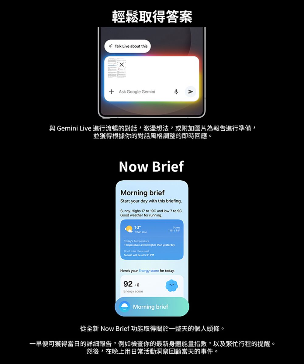 輕鬆取得答案Talk Live about this Ask Google Gemini與 Gemini Live進行流暢的對話,激盪想法,或附加圖片為報告進行準備,並獲得根據你的對話風格調整的即時回應。Now BriefMorning briefStart your day with this briefing Highs 17 to 19C and low 7 to 9CGood weather for running10 SunnyTodays Temperature a  higher than yesterday miss the sunsetSunset will be at  PMHeres your Energy score for today.Energy scoreMorning brief從全新 Now Brief 功能取得關於一整天的個人頭條。一早便可獲得當日的詳細報告,例如檢查你的最新身體能量指數,以及繁忙行程的提醒。然後,在晚上用日常活動洞察回顧當天的事件。