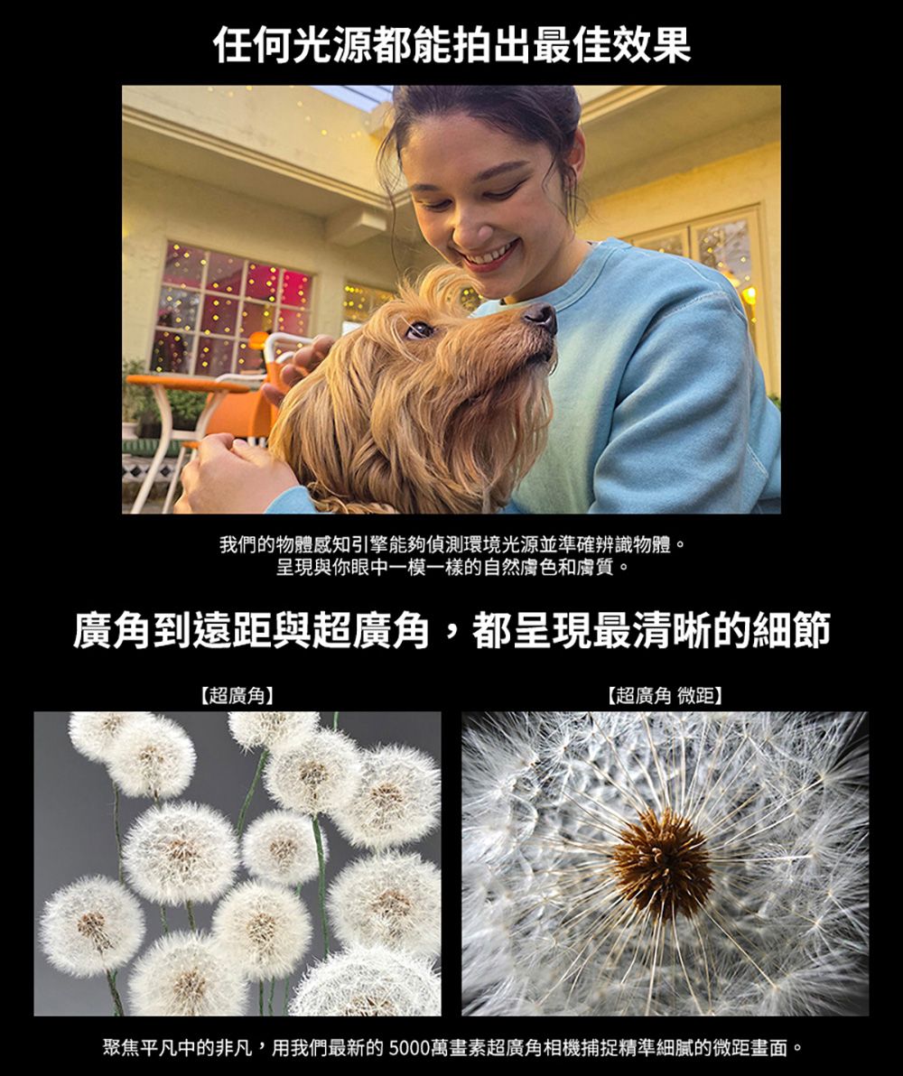 任何光源都能拍出最佳效果我們的物體感知引擎能夠偵測環境光源並準確辨識物體。呈現與你眼中一模一樣的自然膚色和膚質。廣角到遠距與超廣角,都呈現最清晰的細節【超廣角】【超廣角 微距】聚焦平凡中的非凡,用我們最新的5000萬畫素超廣角相機捕捉精準細膩的微距畫面。