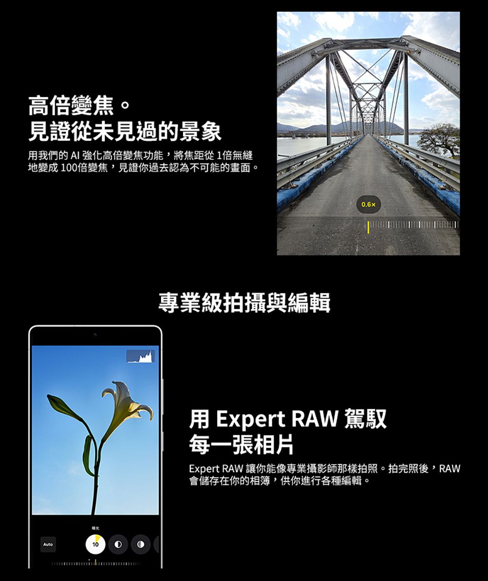 高倍變焦。見證從未見過的景象我們的AI 強化高倍變焦功能將焦距從1倍無縫地變成100倍變焦,見證你過去認為不可能的畫面。Auto10專業級拍攝與編輯0.6x用 Expert RAW 駕馭每一張相片Expert RAW 讓你能像專業攝影師那樣拍照。拍完照後,RAW會儲存在你的相簿,供你進行各種編輯。