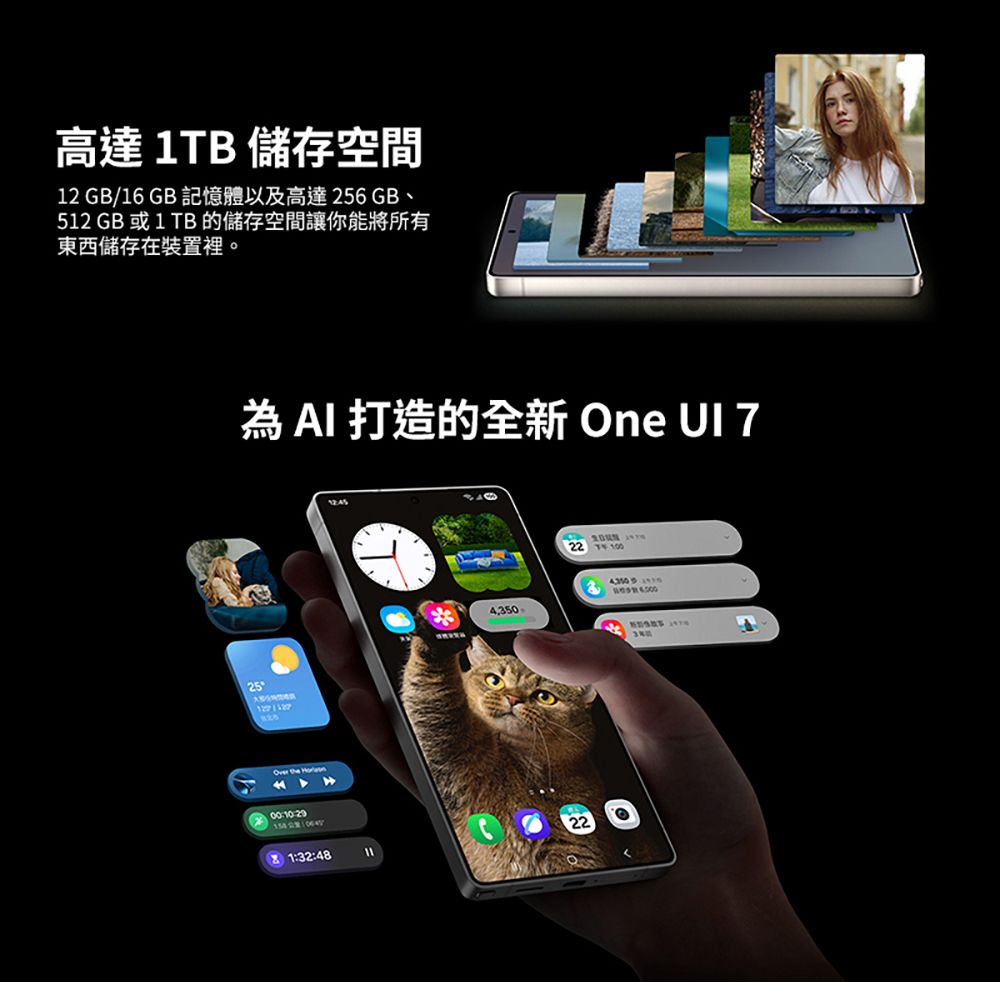 高達1TB 儲存空間12 GB/16 GB 記憶體以及高達256GB、512 GB 或1 TB的儲存空間讓你能將所有東西儲存裝置裡。為AI 打造的全新 One  25Over the 00:10:291:32:484,3502222